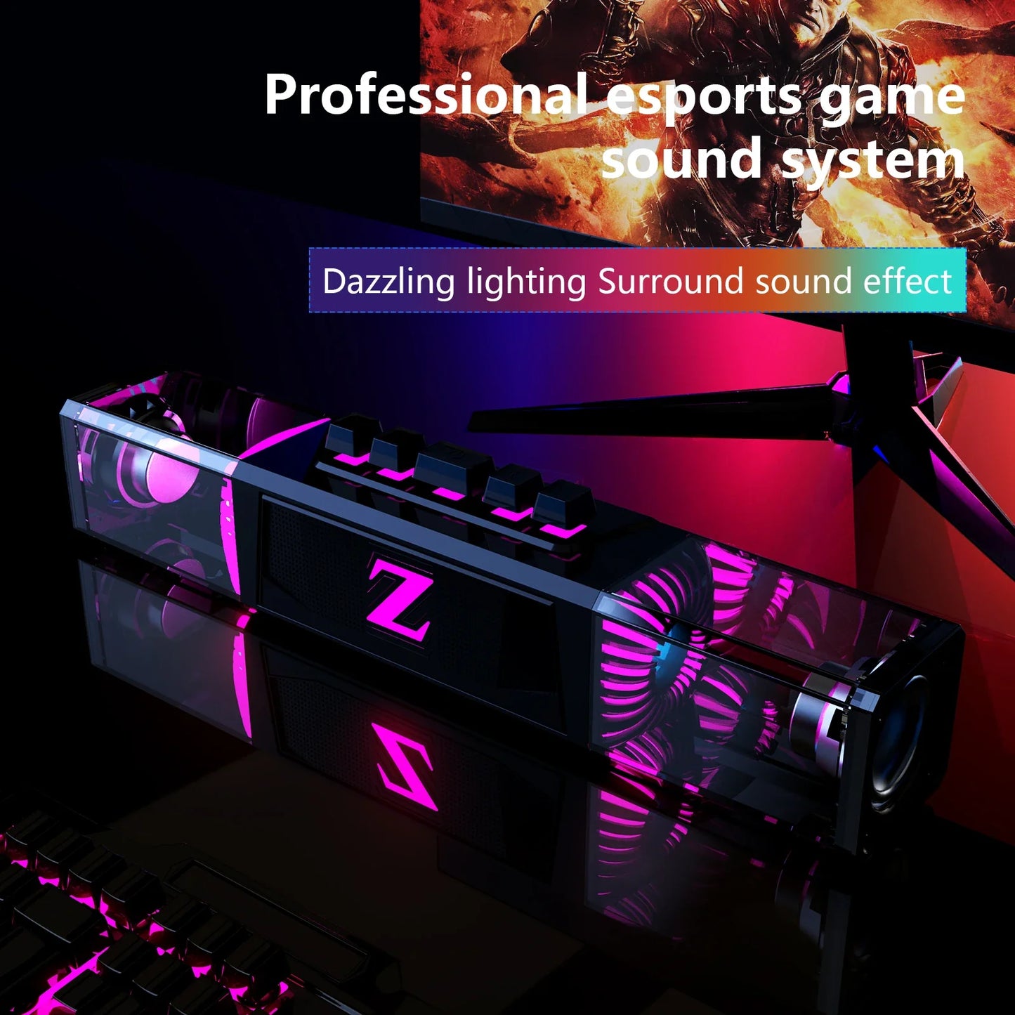 Computer speakers for desktop/laptop with Bluetooth/wired connectivity and dual-mode for gaming/music, featuring microphone.