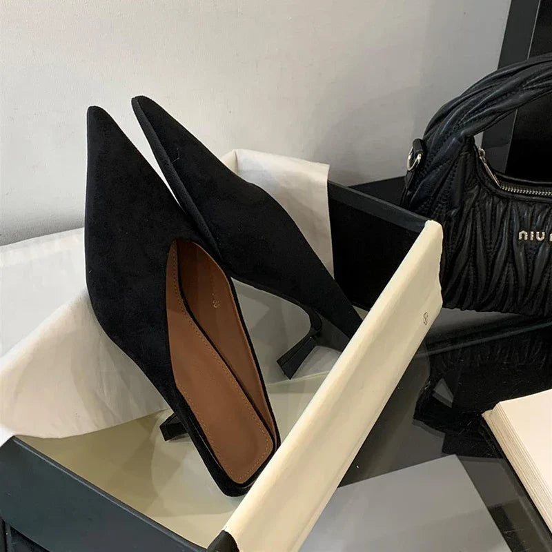 Summer Fashion Thin Mid Heels Women Slippers Elegant Pointed Toe Party Dress Mule Slides Shoes Zapatos Mujer