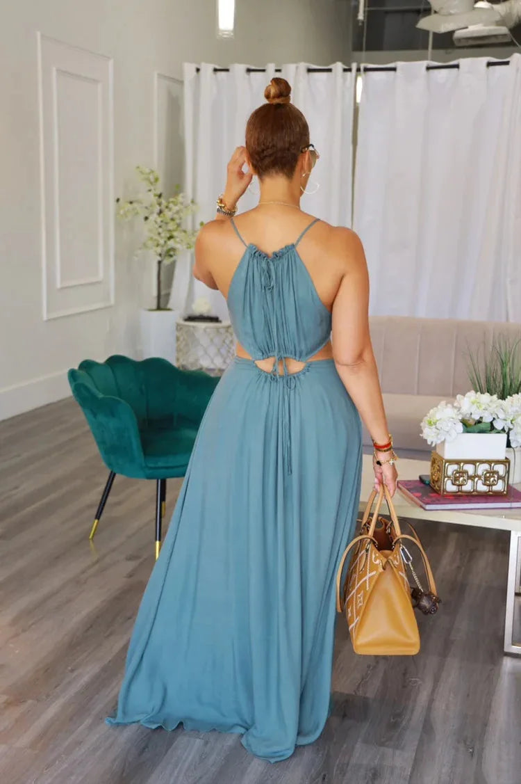 2025 Women's Dress Summer Holiday Solid Long Dresses Sexy Drawstring Lace Up Sleeveless Vestidos Para Mujer Club Party Outfits