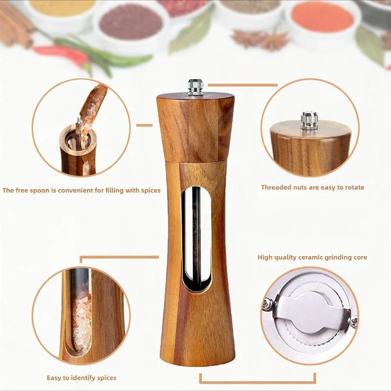 Manual Salt and Pepper Grinder Solid Wood Adjustable Coarseness Large Capacity Multi-purpose Spices Grinder Kitchen Cooking Tool