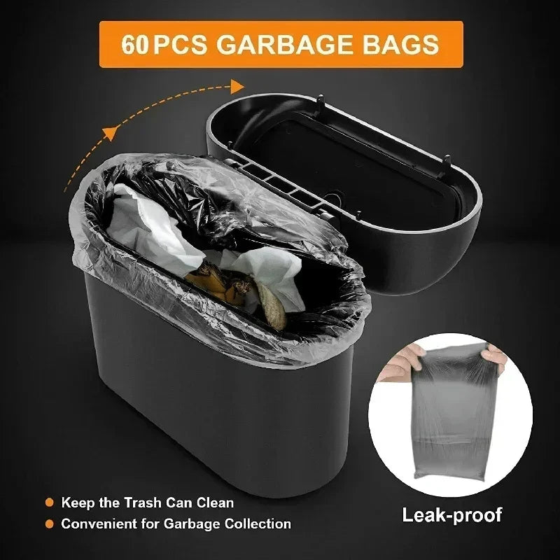 The covered car trash can contains 3 black garbage bags. The small car trash can is leak proof and miniature