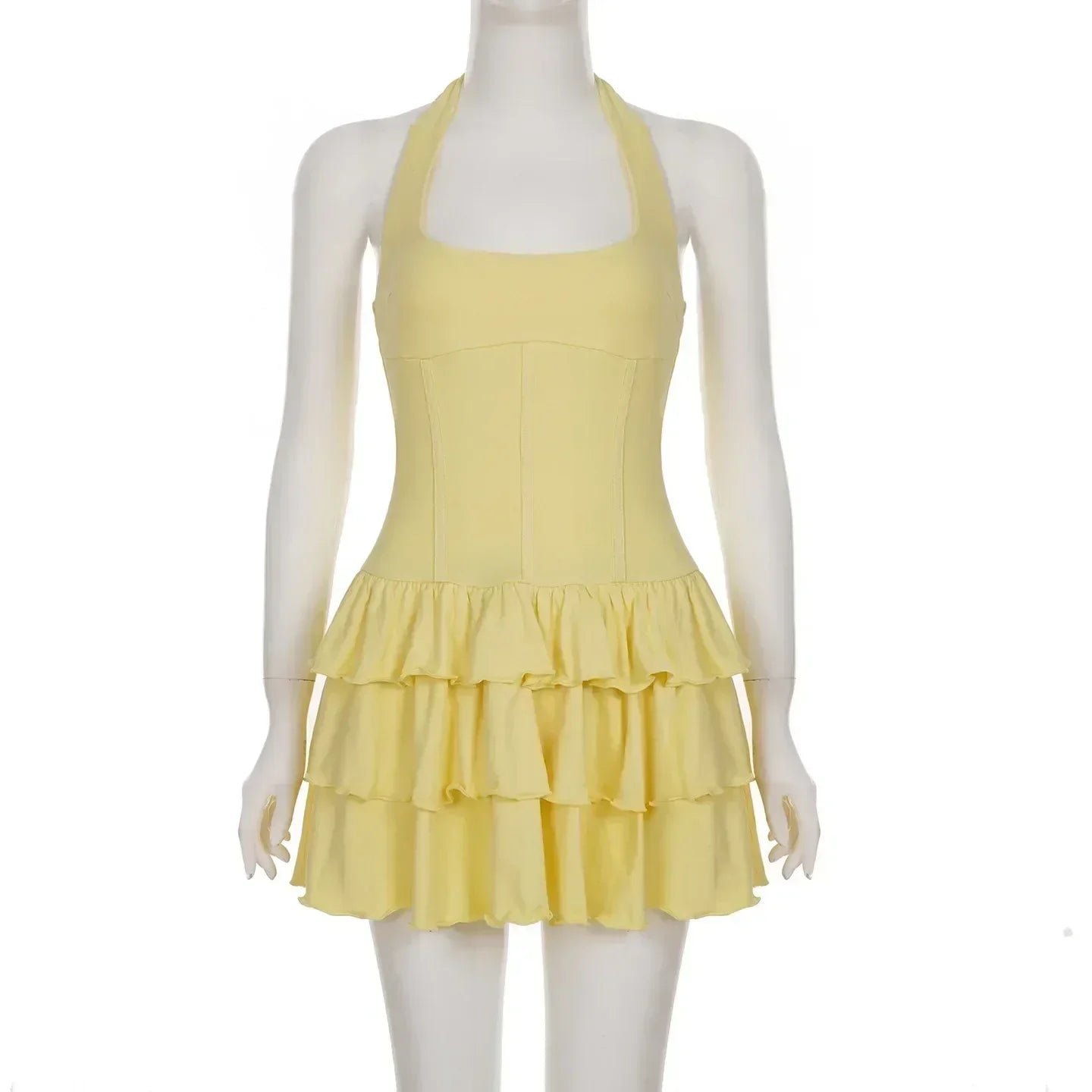 Tornova Vacation Halter Mini Dress For Women Solid High Waist Puffy Dress Ruffled Splice Fashion Sexy Slim Dress 2025 Summer New