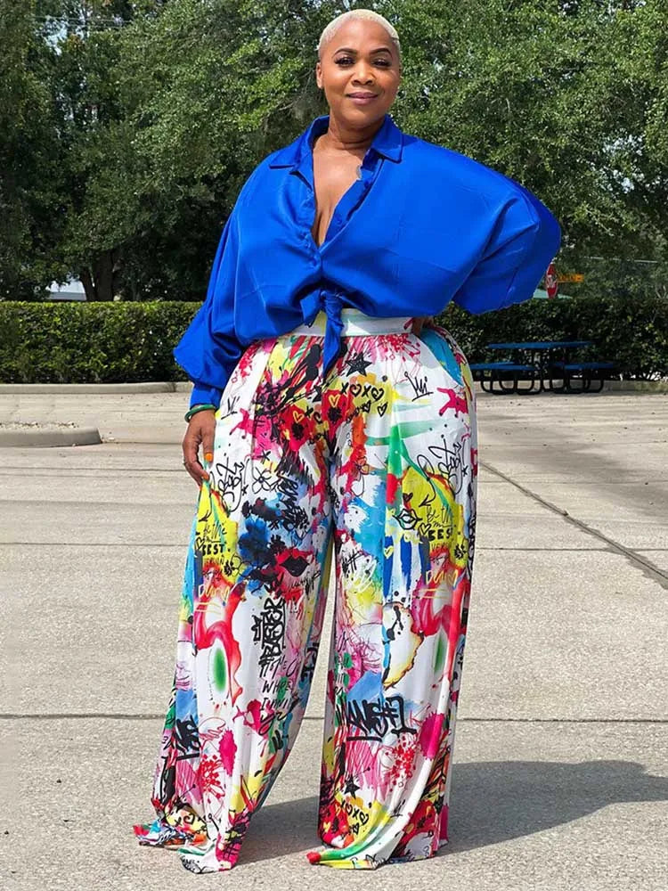 2piece Woman Outfit Streetwear Blue Silk Blouses Women Plus Size Autumn Top and Pants Suits 4xl Casual Female Pants Sets