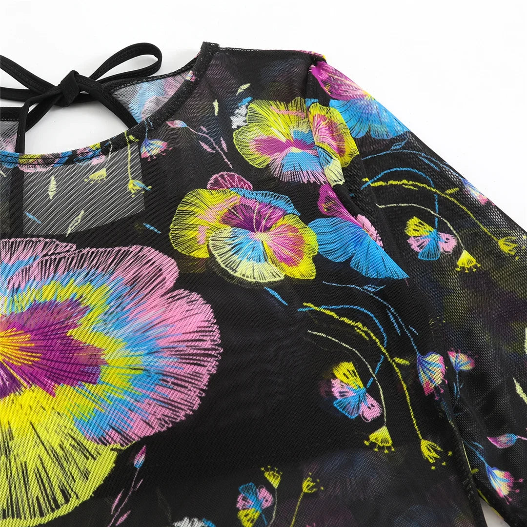 S - XXL 3PCS New Printed Long Sleeve With Pants Sarong Women Swimwear One Piece Swimsuit Female Bather Bathing Suit Swim V7180