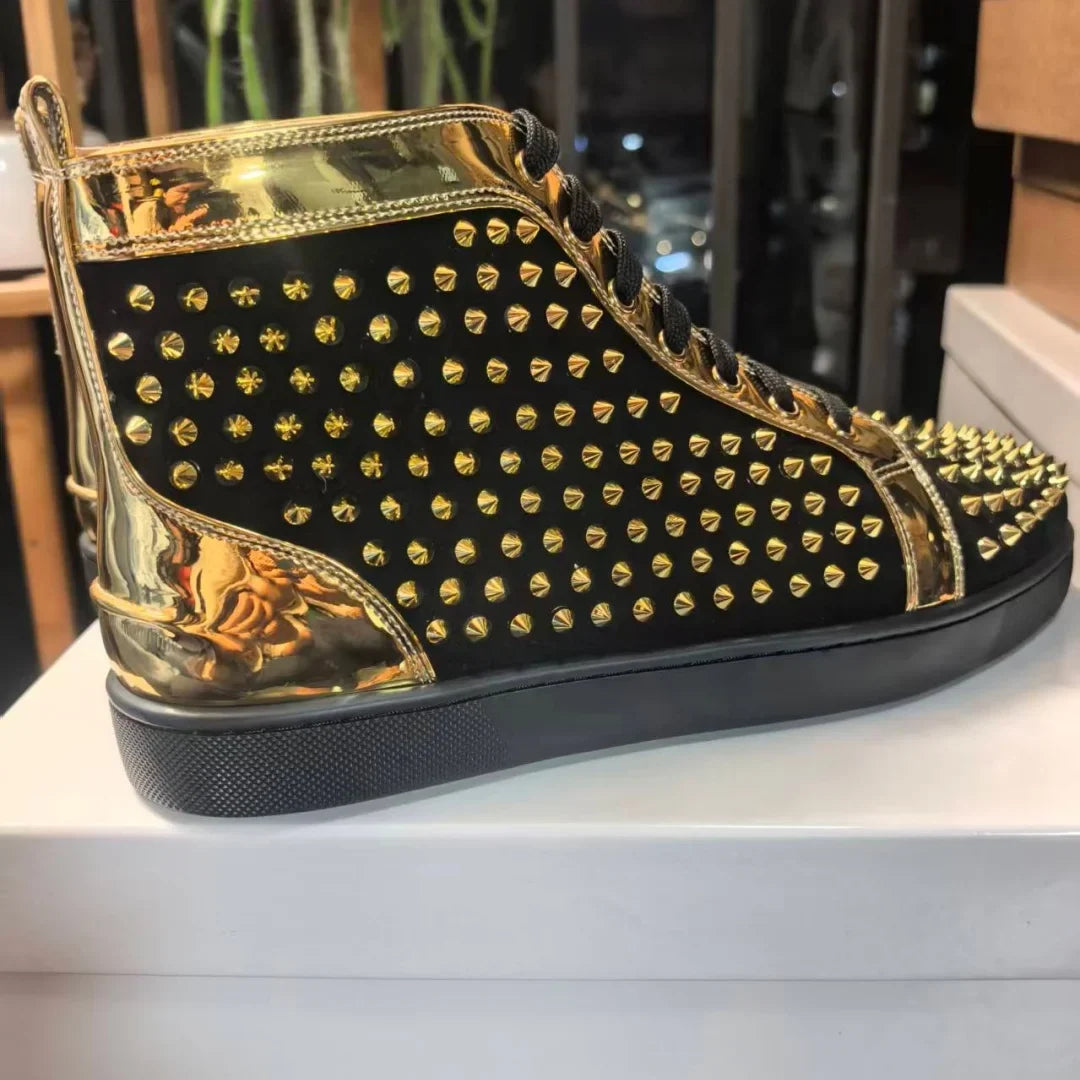 High-Top Shoe Gold Patchwork Black Leather Red Sole Sneakers Unisex Full Rivets Decorate Flat Sole Lace-Up Causal Sports Shoes