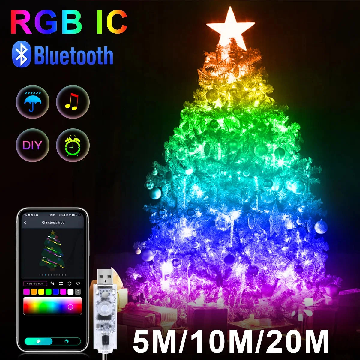 RGB IC Luces de cadena inteligentes DIY LED Luces de hadas programables WS2812B Guirnalda USB Decoración para el hogar, dormitorio, Navidad, boda