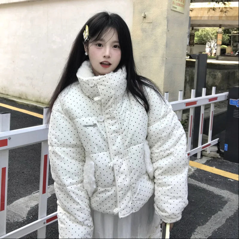 Women's Kawaii Polka Dot Down Cotton Jacket Korean Button Patchwork Corduroy Short Parkas Y2K Stand Collar Puffer Warm Jacket