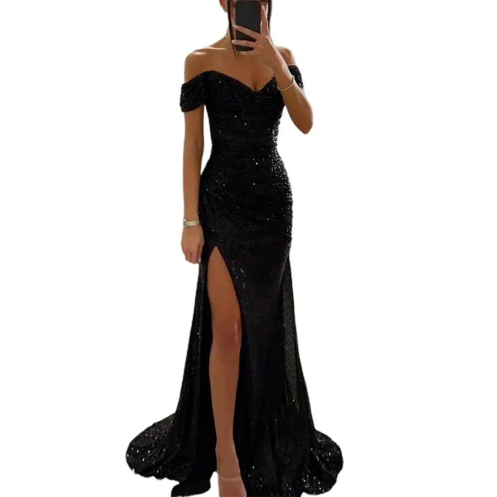 Elegante vestido de noche con cuello en V, hombros descubiertos, maxi vestido con lentejuelas, cintura plisada, ajustado, sexy, con abertura, vestidos largos