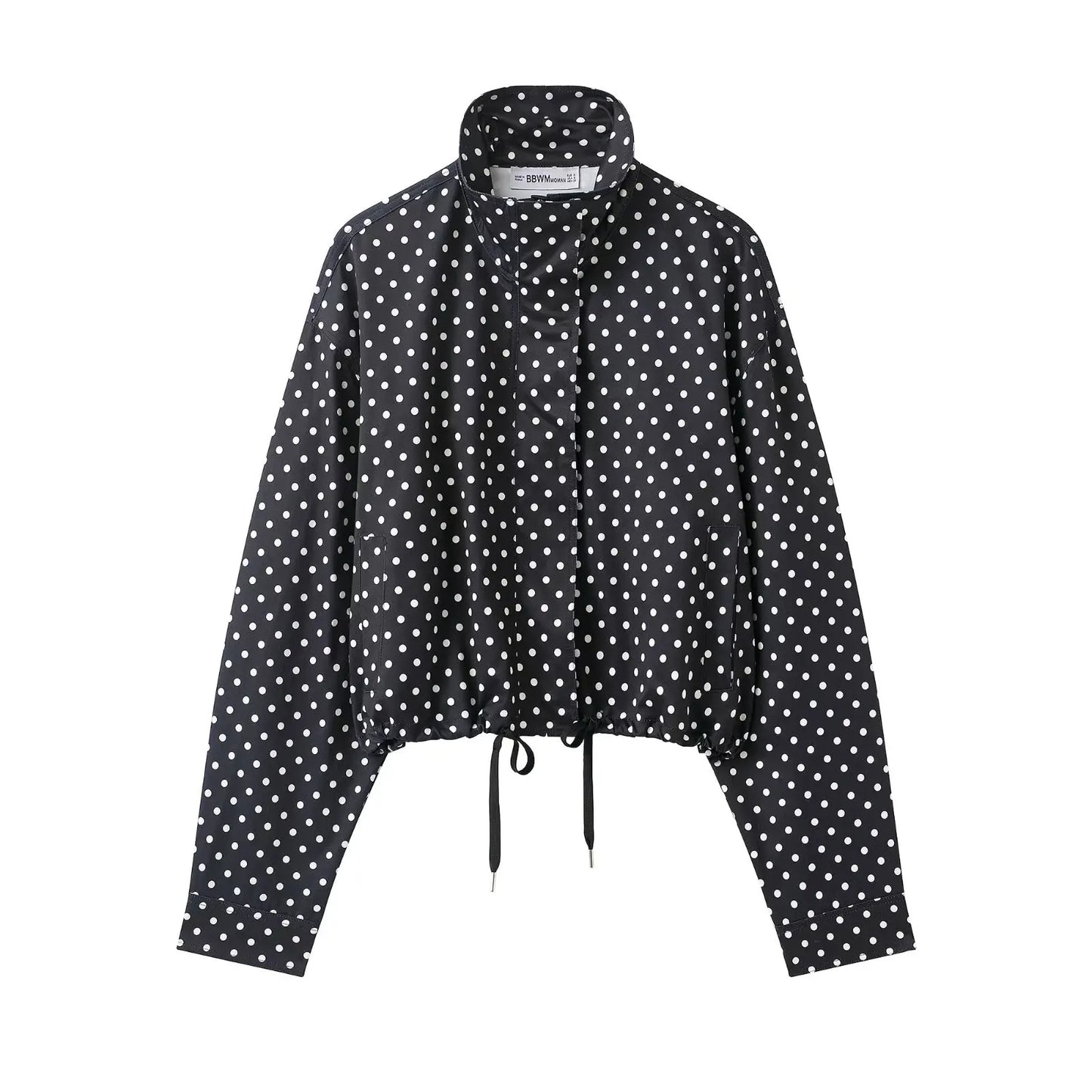 HH Fashion Women's Polka Dot Print Short Coats Autumn Long Sleeves Turtleneck Zipper With Pockets Drawstring Casual Jacket