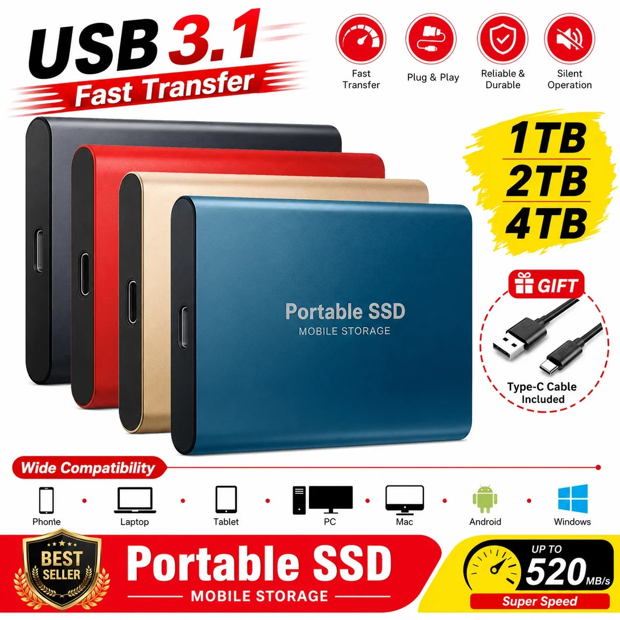 High Efficiency External Hard Disk Mobile Solid State Drive 1TB 2TB TPYE-C Storage Device For Data Backup