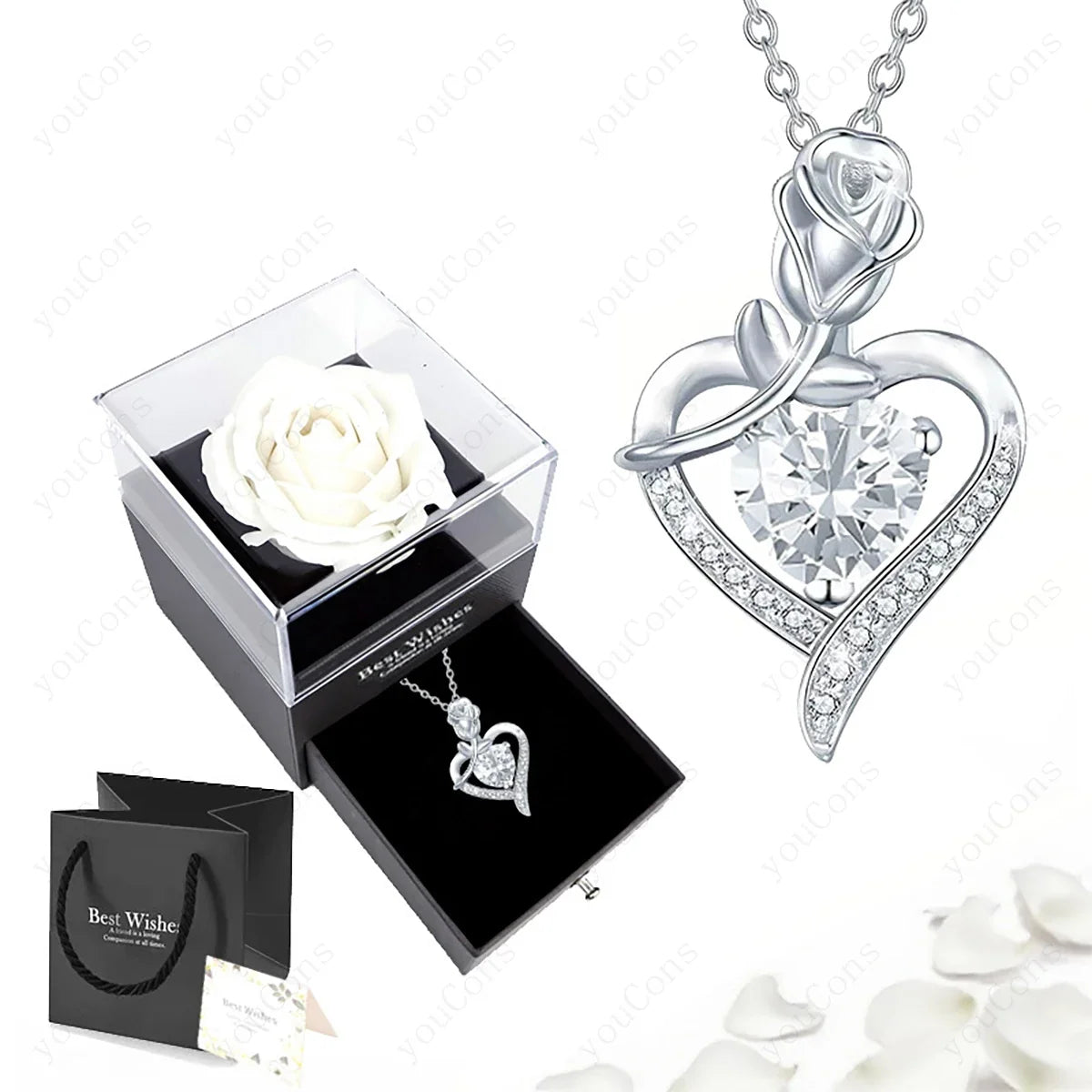Luxury Red Zircon Heart Necklace With Rose Flower Gift Box For Girlfriend Birthday Valentine Gift  Romantic Accessories