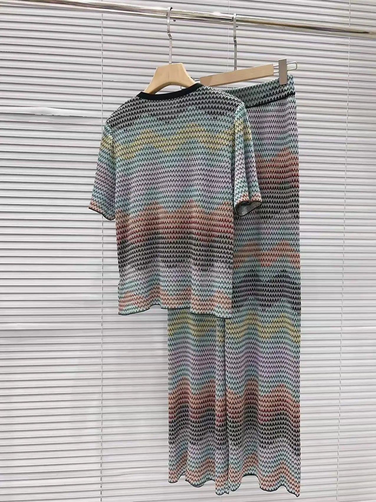 CHUJIE 2026 Summer New, Stylish And Versatile, Round Neck Colorful Contrast Striped, Short-sleeve Knitted Top + Trousers Set