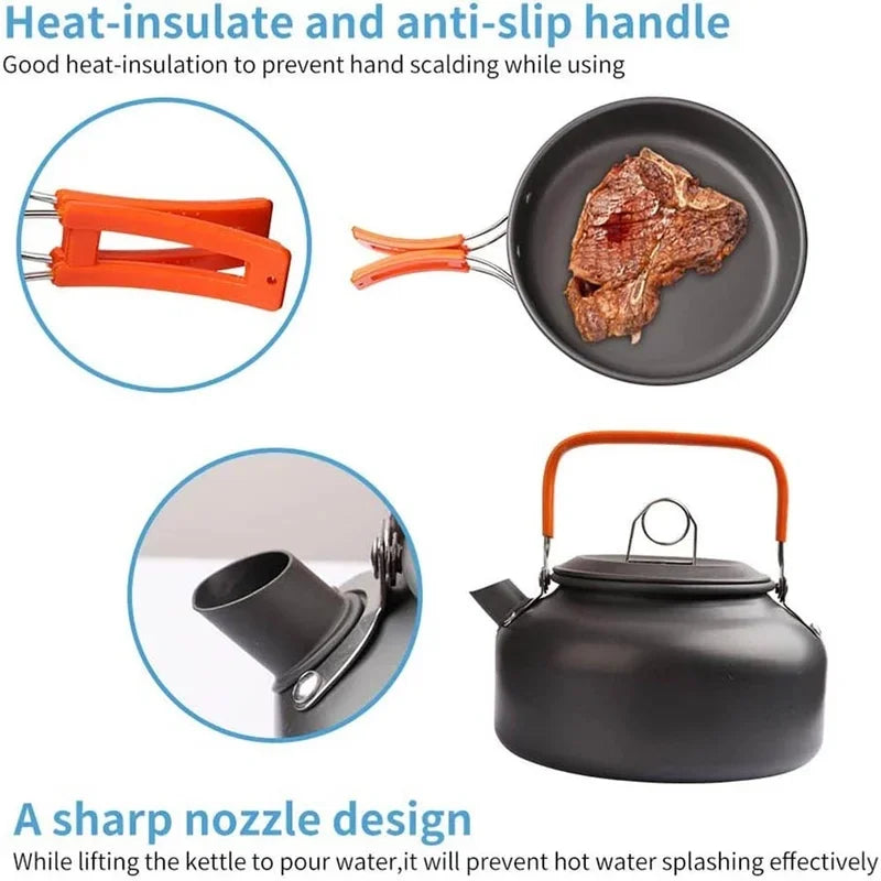2-3 Person Non-Stick Camping Cookware Set, Portable Outdoor Picnic Travel Tableware with Teapot