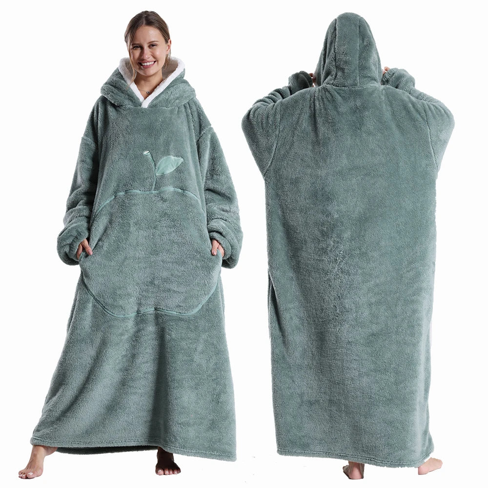 Women Plush Fleece Blanket Men Warm Thick Hoodies Adult Giant TV Blanlets with Sleeves Super Long Cold-proof Homewear Pajamas
