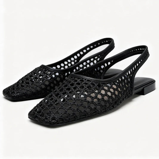 Weave Mesh Breathable Mules Sandals for Women Summer New Slingback Beach Shoes Casual Square Toe Fashion Ballet Flats Ladies
