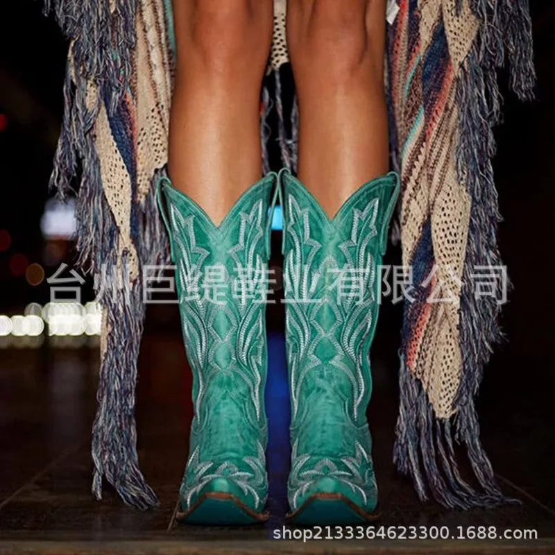 Botas de cowboy bordadas para mujer, hasta la rodilla, a media pantorrilla, botas vaqueras vintage de tacón, zapatos casuales de tacón grueso para otoño