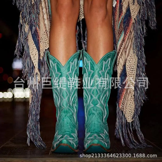 Botas de cowboy bordadas para mujer, hasta la rodilla, a media pantorrilla, botas vaqueras vintage de tacón, zapatos casuales de tacón grueso para otoño