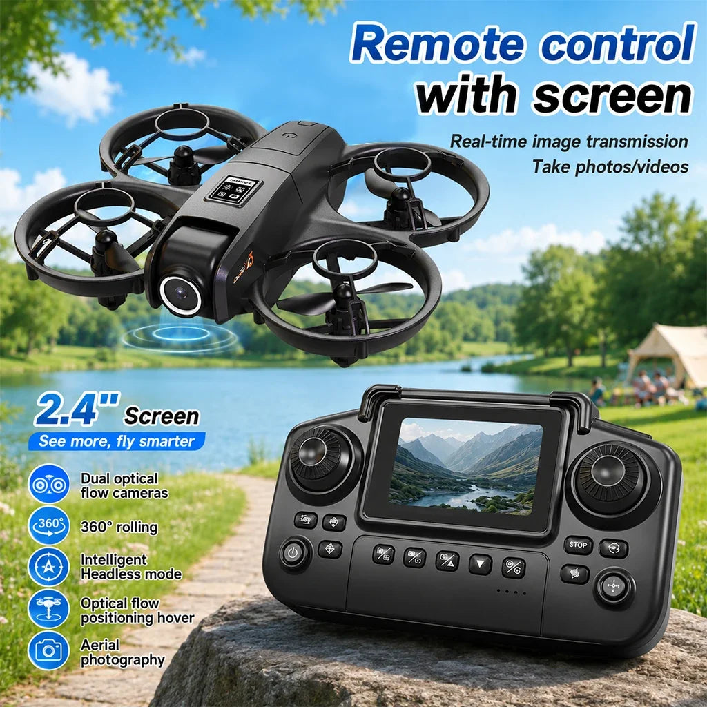 ZNLYRION YL3PK Mini Full Protective Drone With 2.4 Inch Screen Remote Dual Camera Optical Flow Hover 2 Batteries Indoor RC Quadcopter