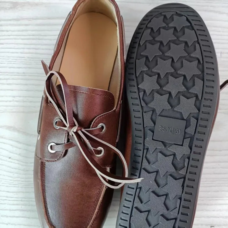 Leather Shoes for Women 2026 Spring and Autumn Sheepskin Worn Dirty Tied Soft Soled Loafer Shoes Retro One Foot Women's Shoe