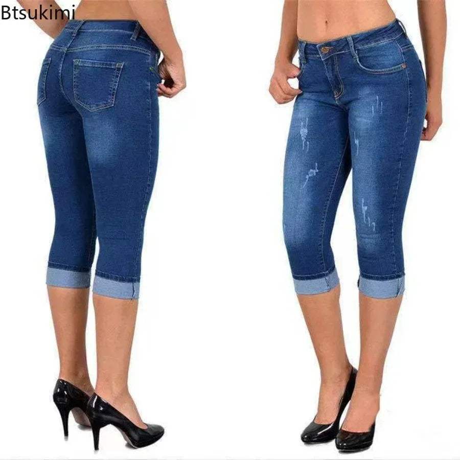 2026 Summer Women's Skinny Denim Pants Mid Waist Stretch Capri Pants Knee Length Trousers Fashion New Ladies Pencil Pants Jeans