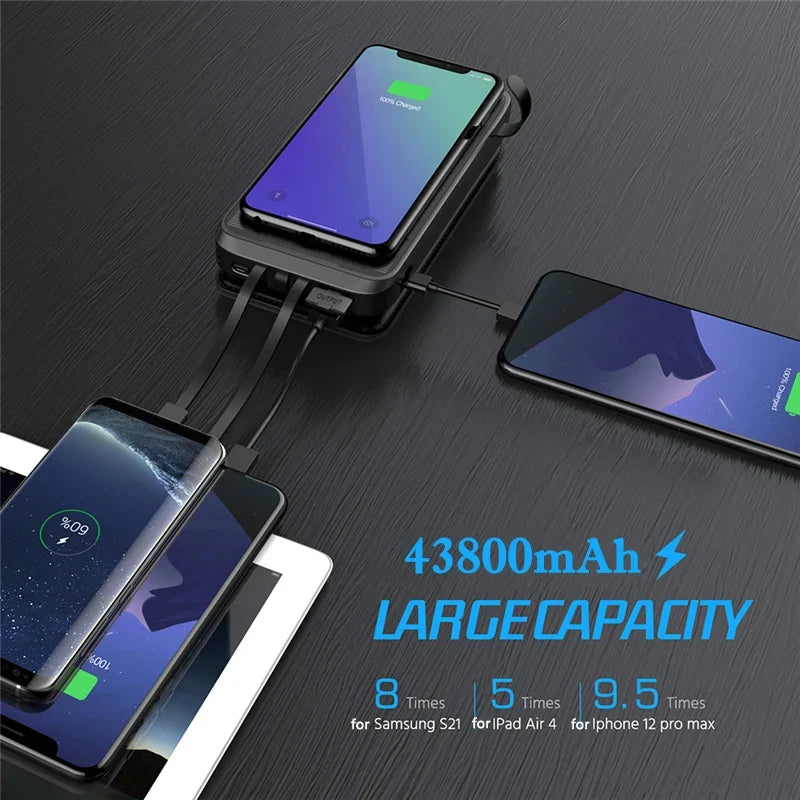 43800mAh Solar Power Bank Quick Wireless Charger External Battery Pack PD 20W Powerbank Built Cables LED Light for iPhone Xiaomi
