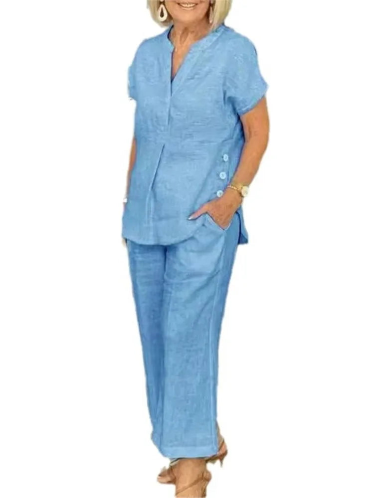 New Summer Women's Short-sleeve Tops Pants Casual Two-piece Suit Fashion Elegant Office Solid Holiday 2-piece Set Women Clothes