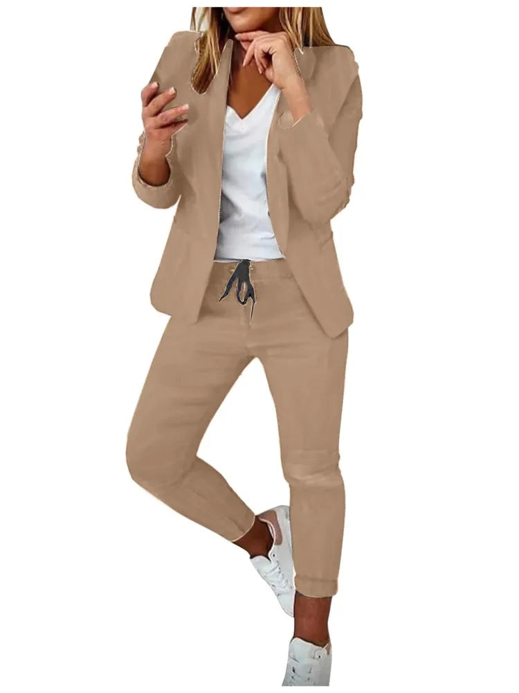2 Piece Women's Autumn Winter Suit Fashion Slim Fit Lace-up Small Feet Trousers Women's Office Casual Solid Color Suit 2024