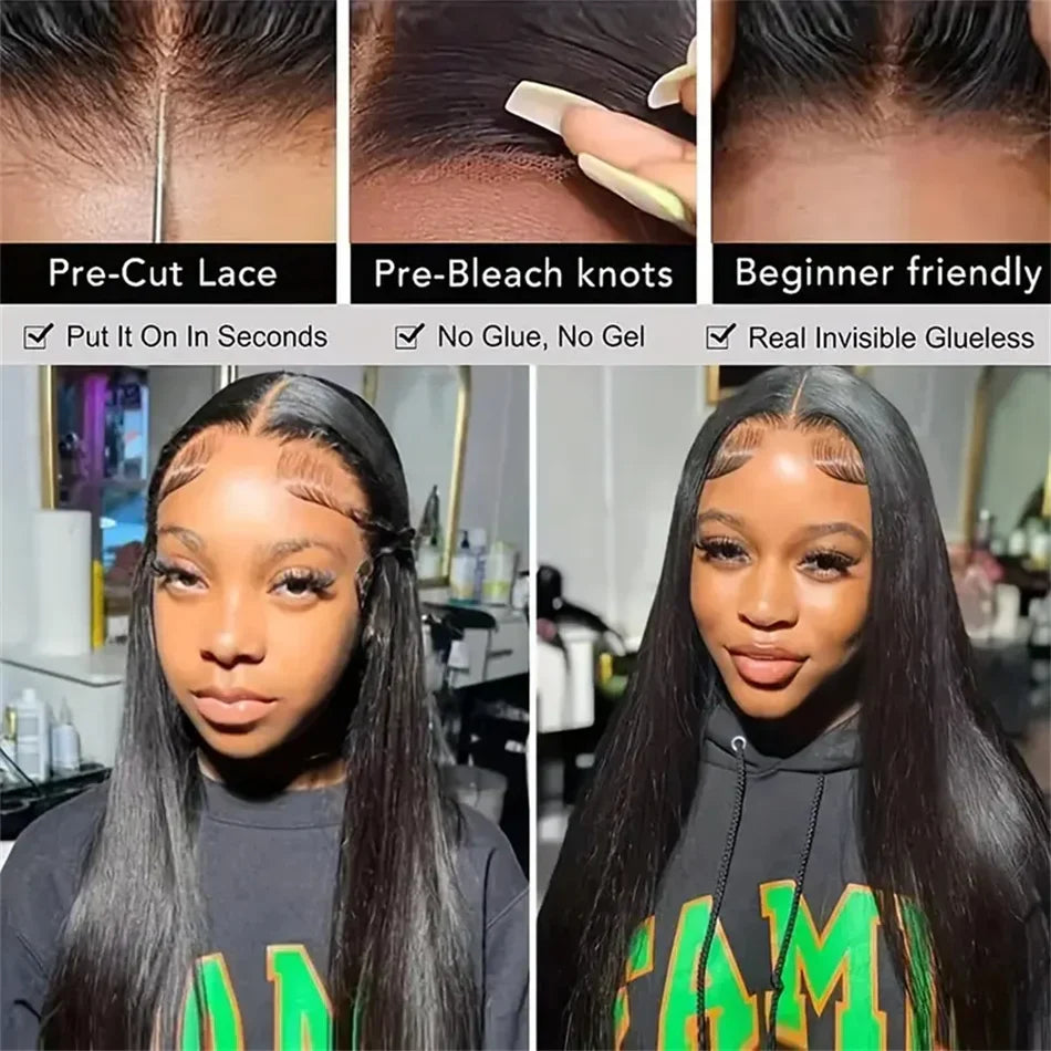 Peluca de cierre de encaje liso 5x5 sin pegamento 200% de densidad, cabello humano para mujer, pelucas de cierre pre-depiladas HD transparente 4x4