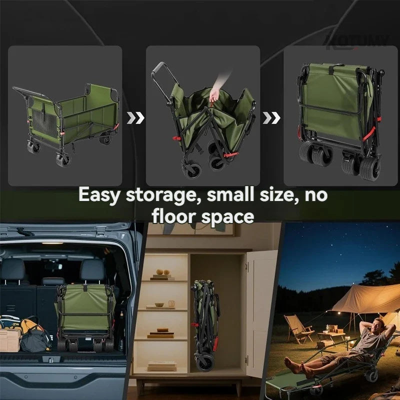Foldable Camping Wagon with Tank Wheels Outdoor Beach Cart Reclining Design Push Trolley Portable Folding Trailer for Camping