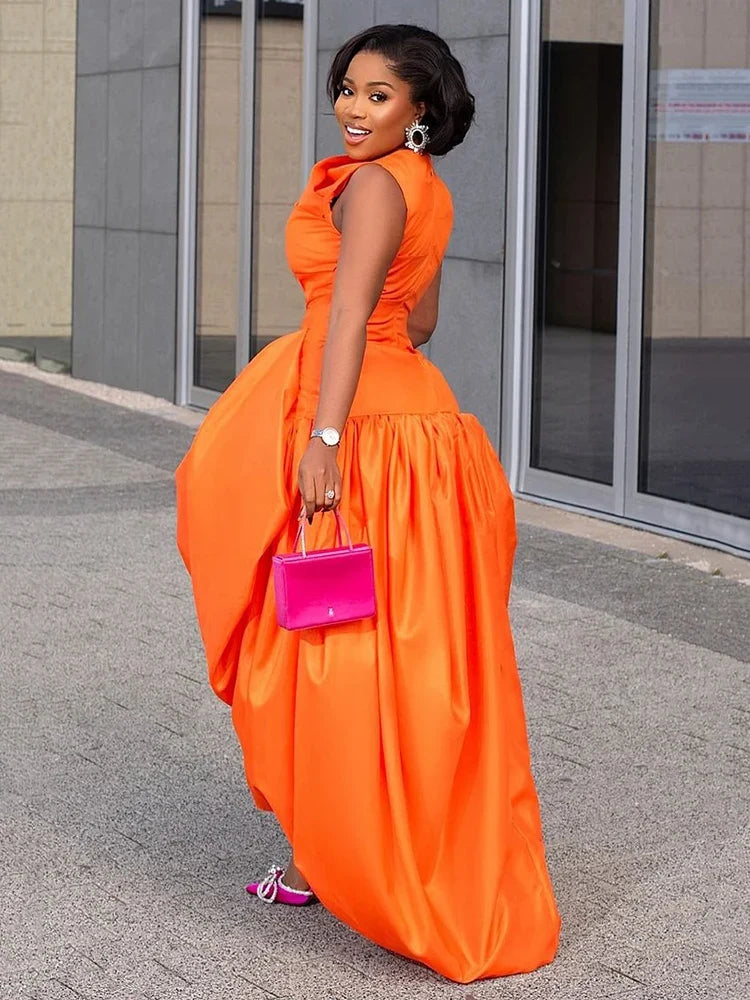 Women's Elegant Cinch Waist Cocktail Maxi Dress Orange Crew Neck Sleeveless High Waist Slim Chic Dinner Club Party Long Dresses