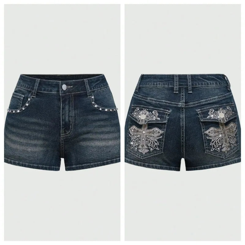 Summer Korean Sexy Low Waist Women Denim Short American Lady Y2K Elastic Slim Cotton Hot Jorts Female Embroidery Wrapping Jeans