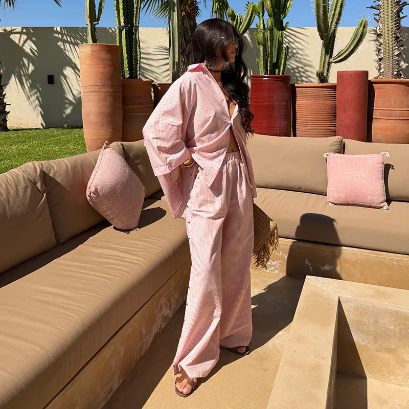 Casual Shirt Pants Women's Set Elegant Belt Long Sleeve Female Blouse Wide Leg Trousers 2026 Summer Autumn Lady Outfit New