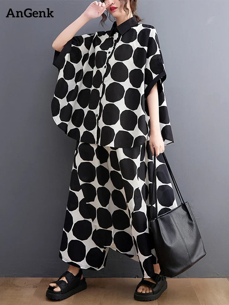 Polka Dot Print Summer Casual 2 Two Piece Set Short Sleeve Loose Blouse Women Shirt Top Fashion Clothing Harem Pants Suit 2026