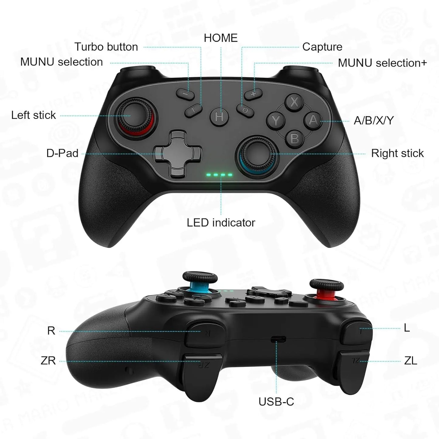 Controller for Switch/PC/IOS/Android Gamepad Wireless Game Handle Joystick Remote Control Rocker 6-axis Gyro W/Turbo Vibration