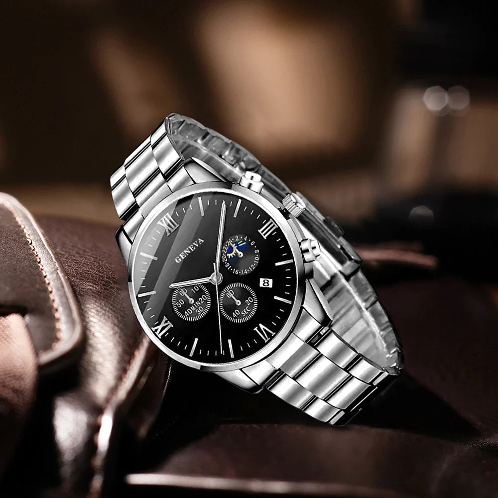 4PCS Men's Watch Set Fashion Trend Business Quartz Watch Cross Pendant Necklace Ring Bracelet Jewelry Set Perfect Gift for Him
