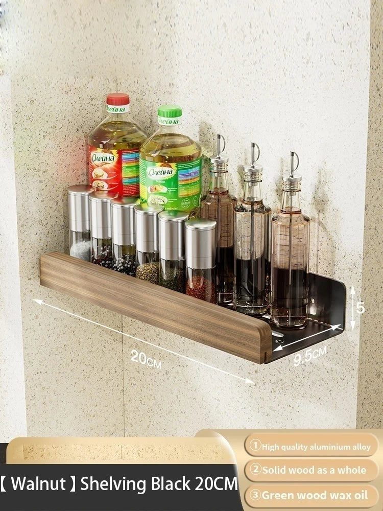Wood Kitchen Organizer Mounted Spice Rack Kitchen Storage with Hooks for Condiments Kitchen Accessories