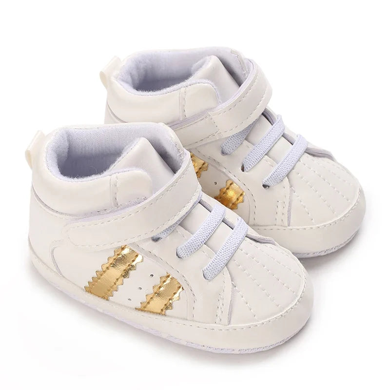 Baby Learning Walk Shoes, Striped PU Sports Shoes for Infants 0-18M, Soft Sole Lightweight Casual Footwear