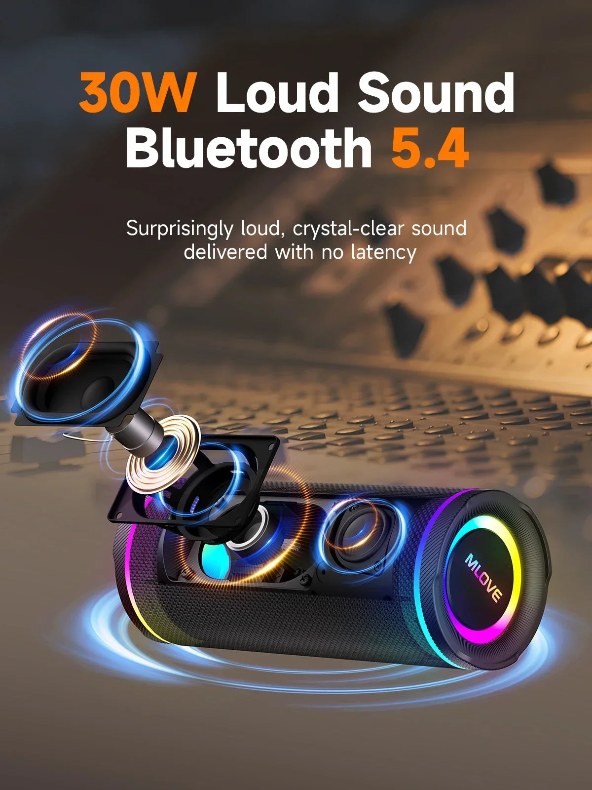 MLOVE E80 Portable Bluetooth Speaker – Powerful Dual Sound, Colorful RGB Lighting, Fully Waterproof (IPX7), TWS Enabled