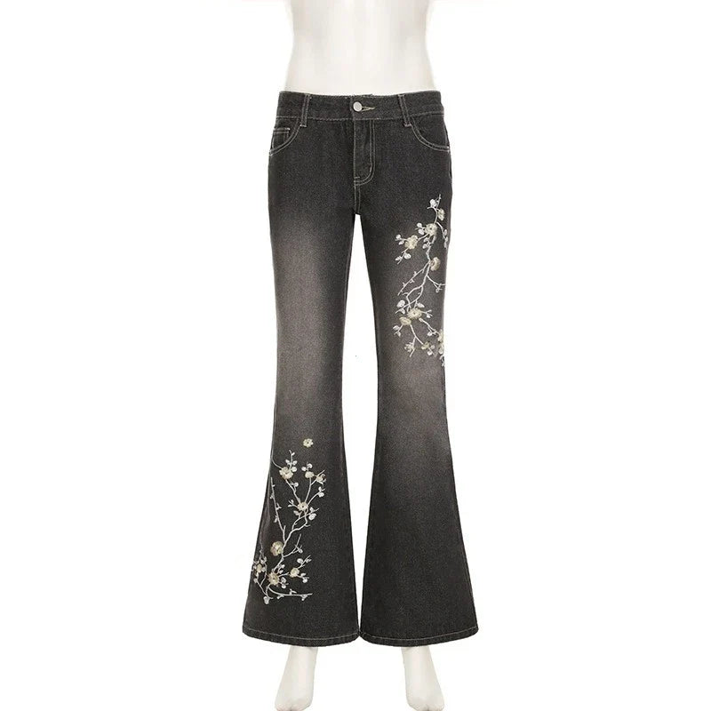 Floral Embroidery Jeans Vintage 2000s Low Rise Flared Jeans Women Retro Y2k Baggy Denim Pants High Street Basic Trousers