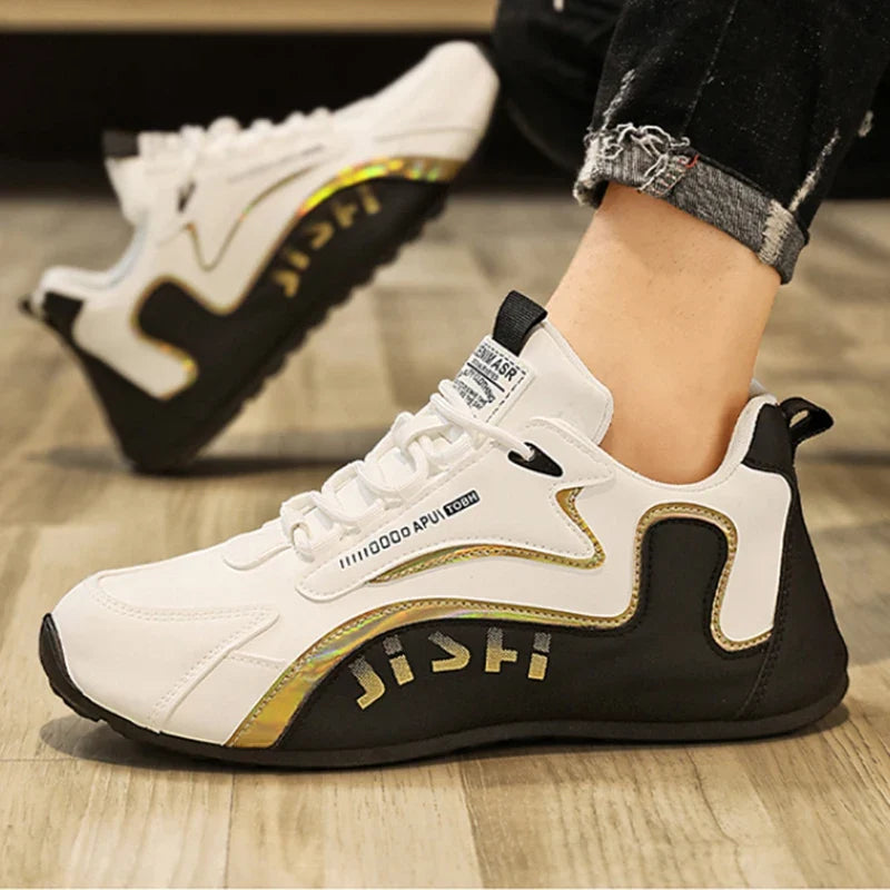 Men'S Black And White Gold Accent Running Shoes Breathable Mesh Upper Lightweight Non Slip Athletic Sneakers For Daily Wear