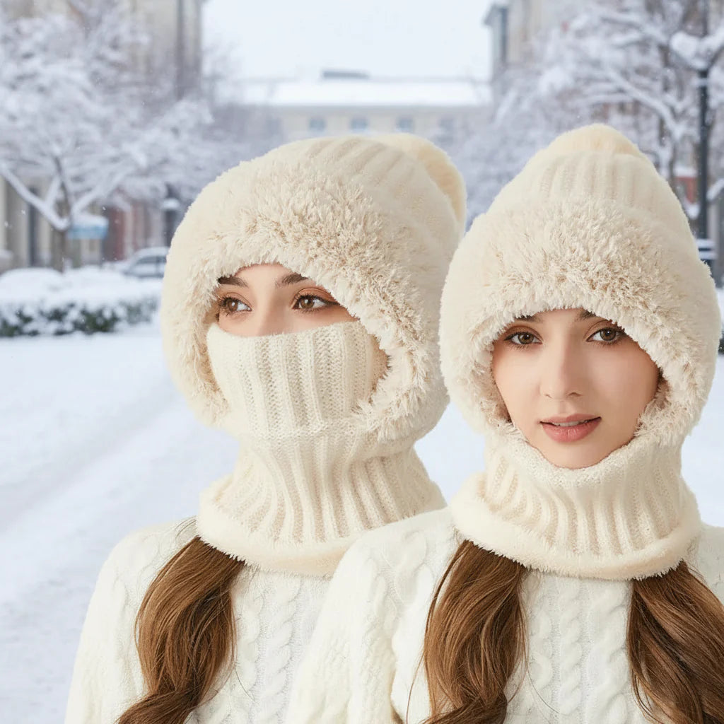 Gorro de punto forrado para invierno con orejera y cuello tipo pasamontañas