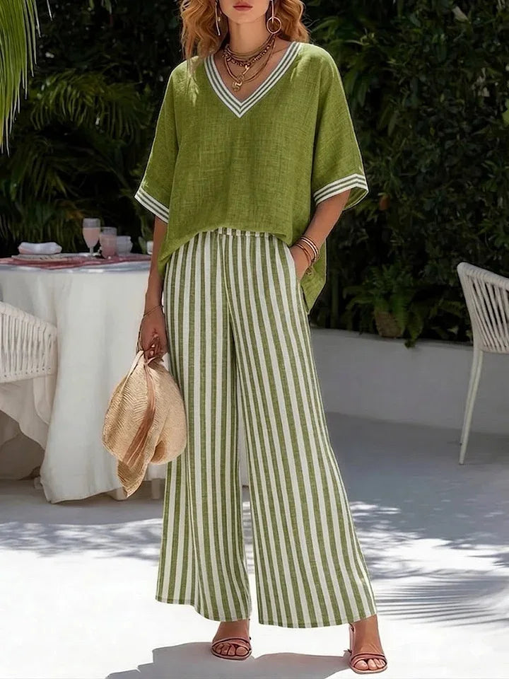 V-neck Short-sleeved Tops Striped Wide-leg Pants Two-piece Set 2026 Spring Summer New Women's Fashion Casual Loose Two-piece Set