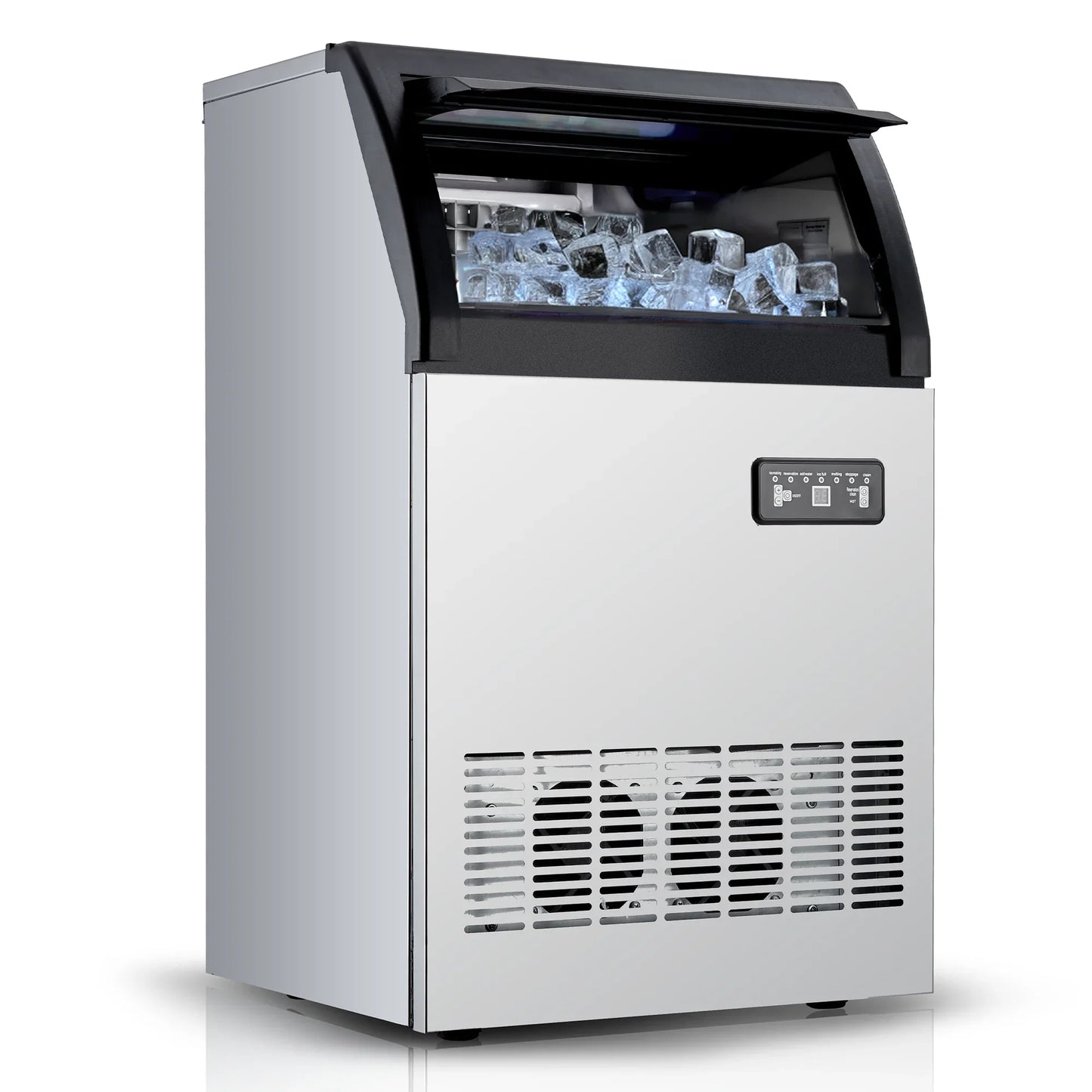 Commercial Ice Maker Machine 100LBS/24H, 50 Ice Cubes in 5-15 Min | 33 Lbs Storage Ice Bin, Freestand Stainless Steel Body, 2 Water Inlets, LED Display, for Home Bar Office Restaurant