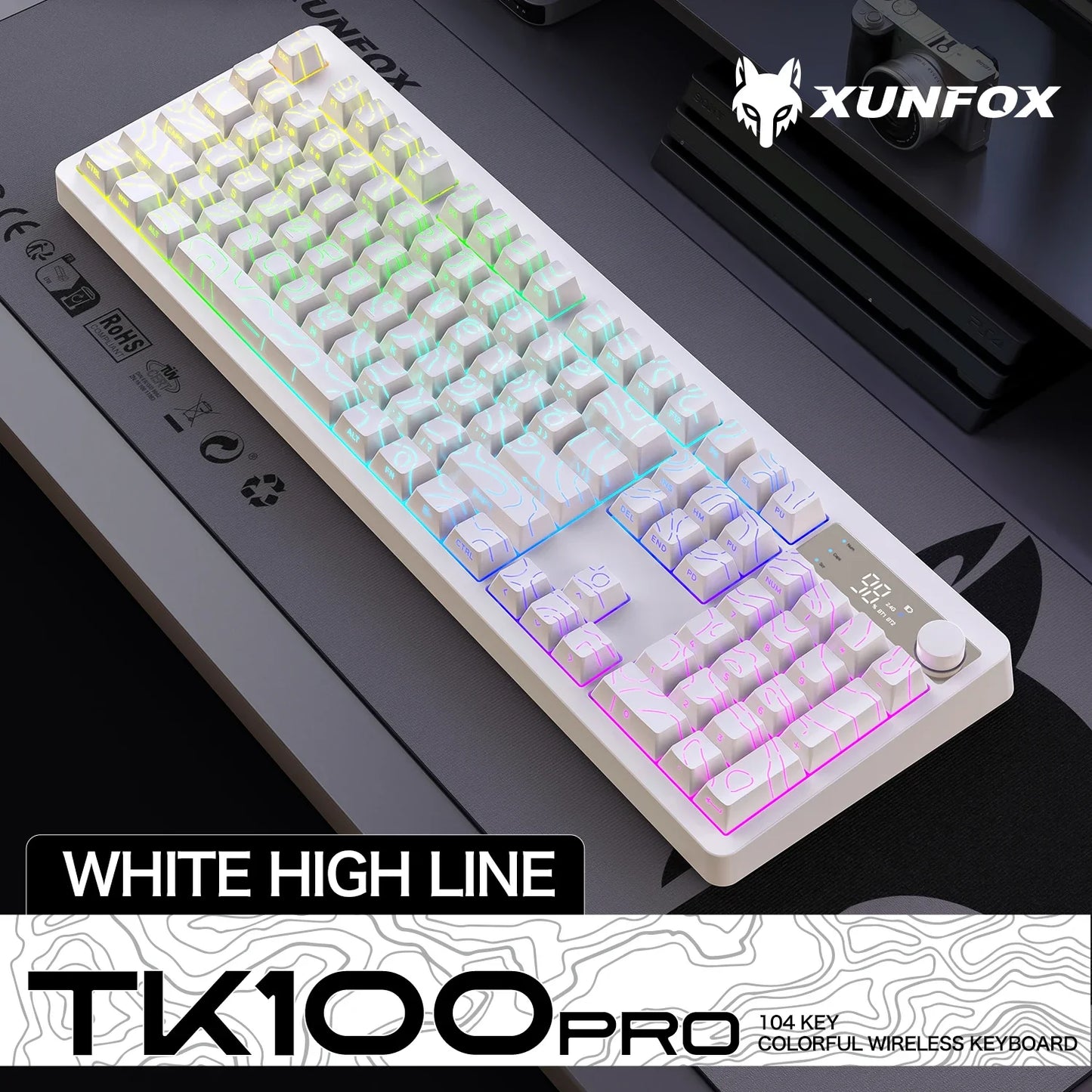 TK100 Wireless Bluetooth Wired Triple-Mode Mechanical Feel Keyboard with High-Definition Display, Rotary Knob and RGB Lighting
