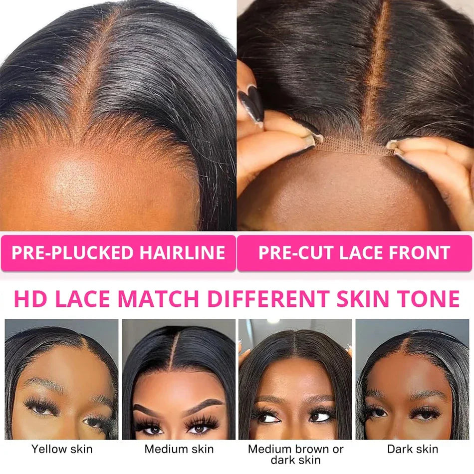 Pelucas sin pegamento de cabello humano listas para usar, pelucas lisas de corte bob corto para mujer, peluca frontal de encaje 100% de cabello humano, pelucas con encaje precortado.
