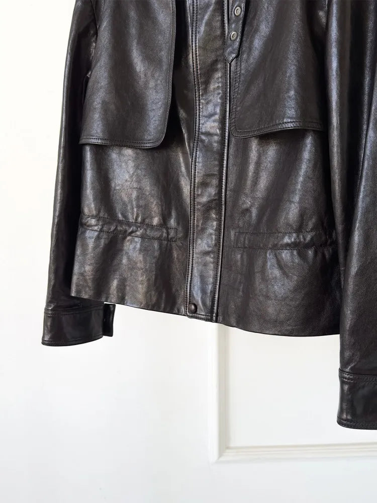 High Quality Chic Ladies Genuine Leather Short Jacket Zipper Turndown Collar Women Retro Oil Wax Sheepskin Jackets Casual Coat