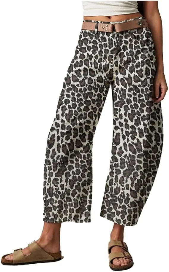 New Spring and Autumn Women's Loose Denim Flower Print Denim Pants Wide-leg Pants