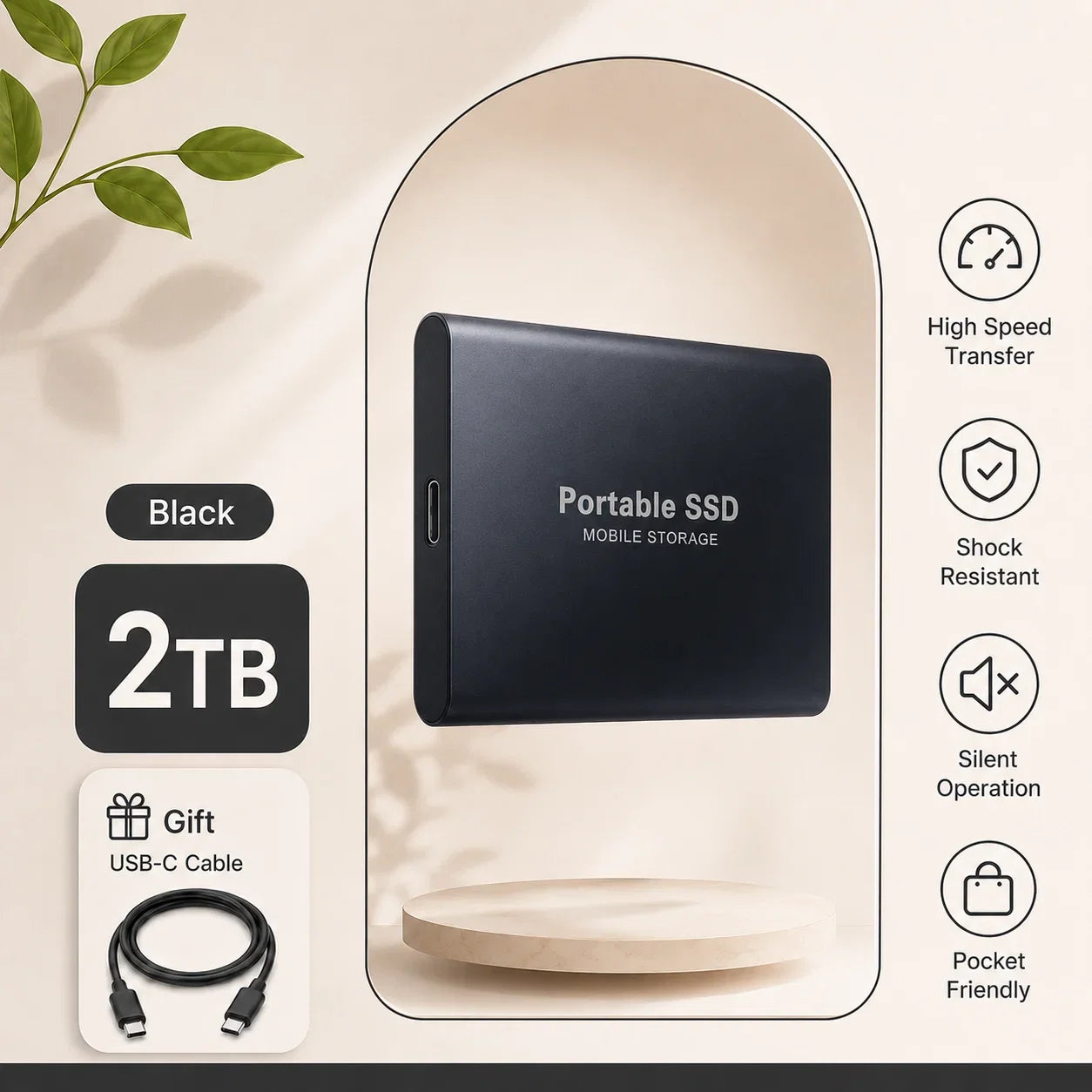 1TB 2TB Shockproof Portable External Hard Drive USB3.2 Type-C SSD Plug Play Hard Disk  For Laptop Mac