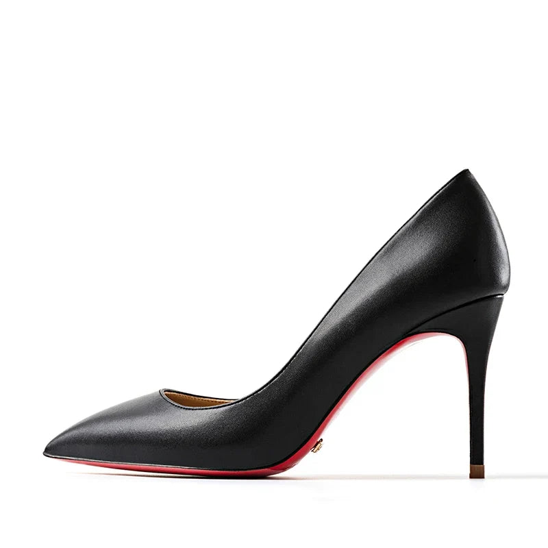 HLTINO Black Pointed Toe Red Bottom Heels Fashion Women Spring Summer Pumps Genuine Leather Shoes for Daily Party Women Shoes