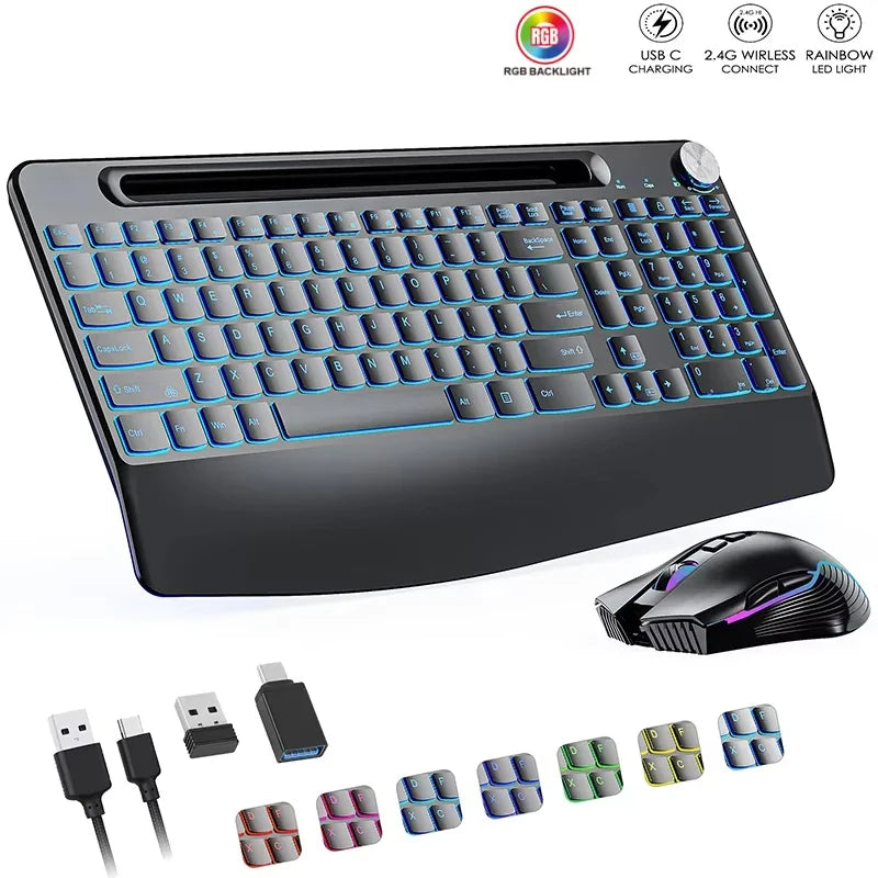 2.4G&Type-C Wireless Keyboard Mouse Combo with Wrist Rest,RGB Backlit,Silent Rechargeable Set for PC,Laptop,Window,Jiggler Mouse
